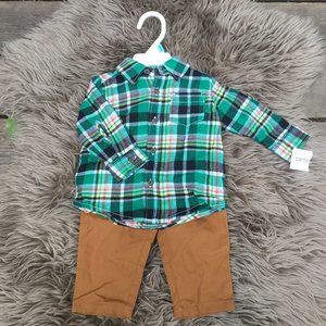 NWT Carter's fall cotton green plaid & tan pants set- size 6M